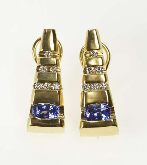 14K Yellow Gold Tanzanite Diamond Triangle French Clip Back Earrings