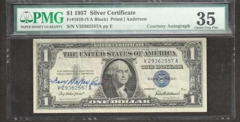 $1 1957 SC Autograph Ivy Baker Priest PMG VF 35