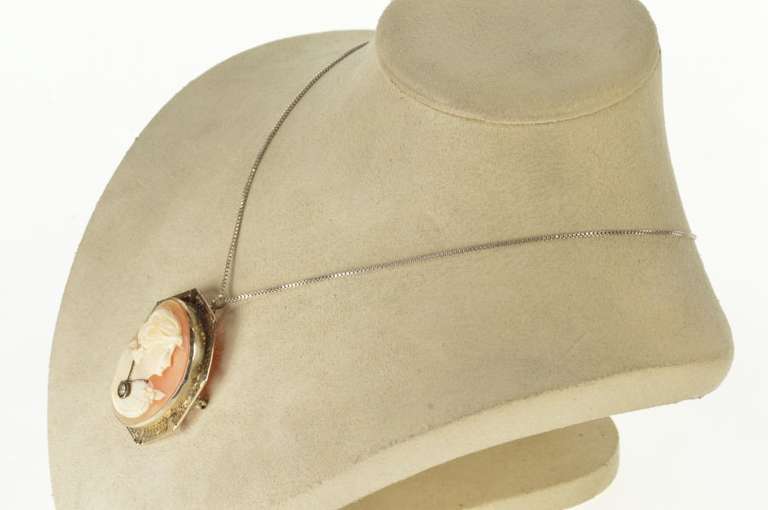 14K White Gold Filigree Diamond Necklace Victorian Cameo Pendant/Pin