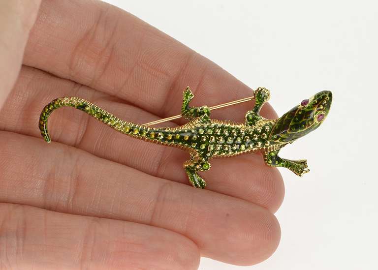 14K Yellow Gold Ornate 3D Crocodile Green Enamel Fashion Pin/Brooch