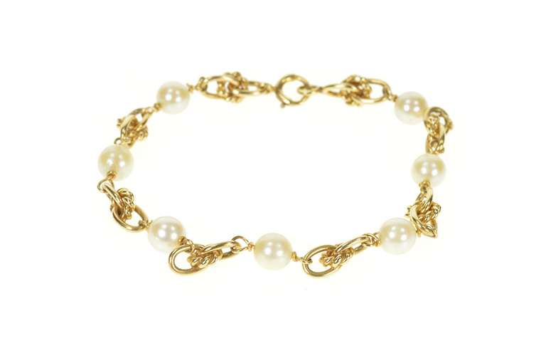 14K Yellow Gold 1960's Retro Pearl Chain Knot Link Bracelet