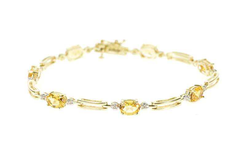10K Yellow Gold Oval Citrine Diamond Accent Bar Link Tennis Bracelet