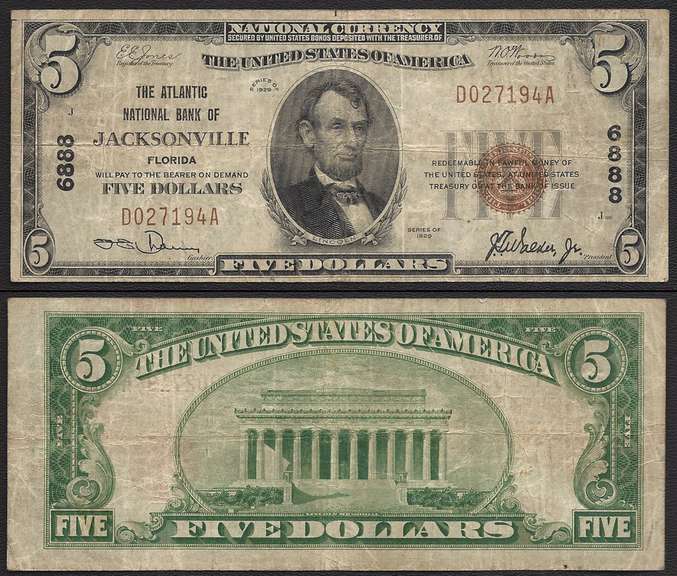 $5 1929 NBN JACKSONVILLE,FL Ch-6888=FLORIDA VF