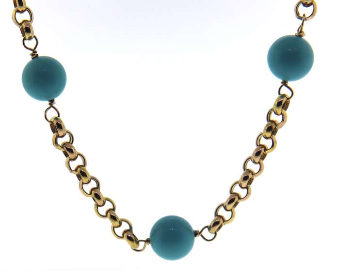 Elegant 14kt YG Turquoise Bead & Rolo Chain Necklace