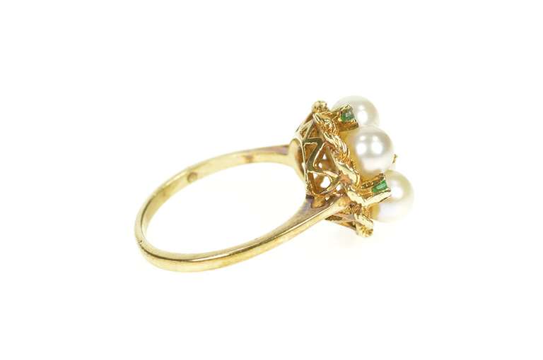 14K Yellow Gold Pearl Emerald 1960's Retro Basket Cocktail Ring