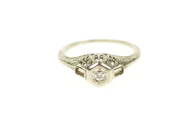 14K White Gold Art Deco Ornate Diamond Filigree Engagement Ring