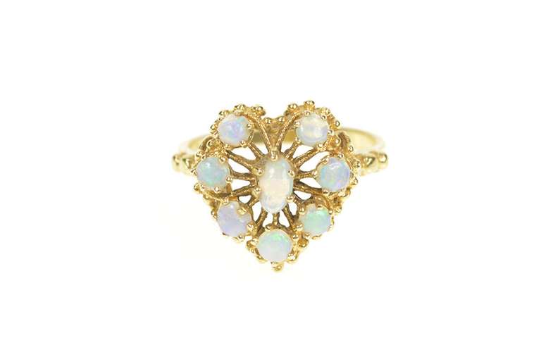 14K Yellow Gold Ornate Retro Natural Opal Heart Cocktail Ring