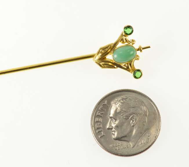 14K Yellow Gold Art Deco Turquoise Syn. Emerald Ornate Stick Pin