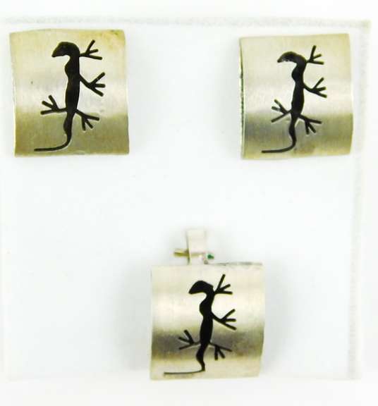 Sterling Gecko Pendant & Pierced Earrings