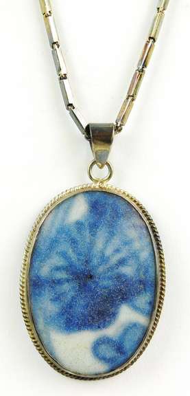 Antique Chinese Porcelain Sterling Pendant & Chain