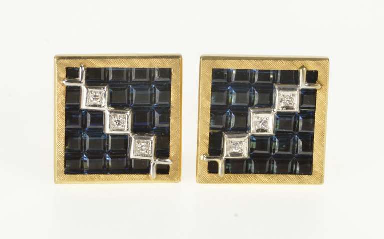 14K Yellow Gold Lucien Piccard Geometric Sapphire Diamond Cuff Links