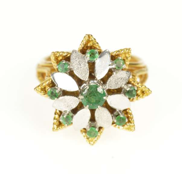18K Yellow Gold Retro Two Tone Emerald Floral Rope Cocktail Ring