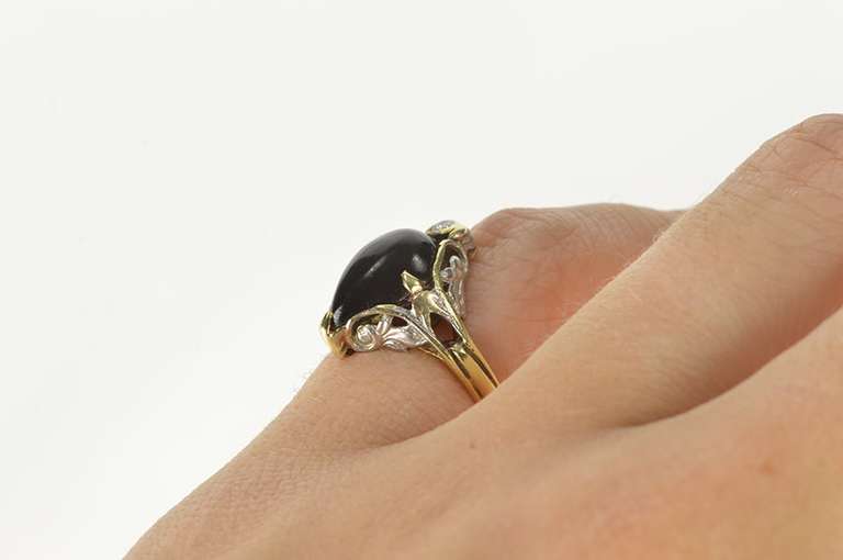 14K Yellow Gold 1930's Pear Black Onyx Diamond Scroll Ornate Ring