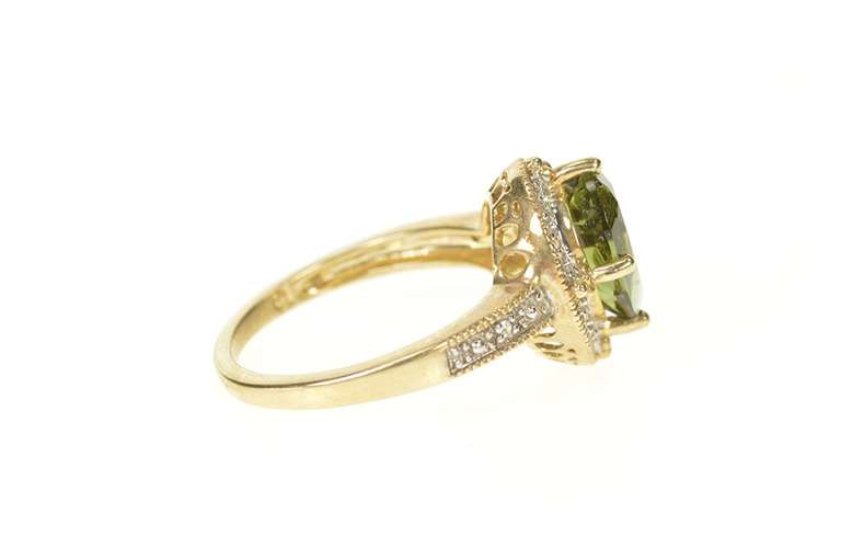 10K Yellow Gold Pear Syn. Green Tourmaline Diamond Halo Ring