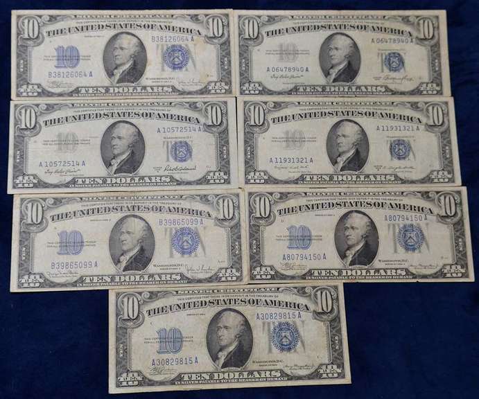 Lot of 7 Ten Dollar Silver Certificates