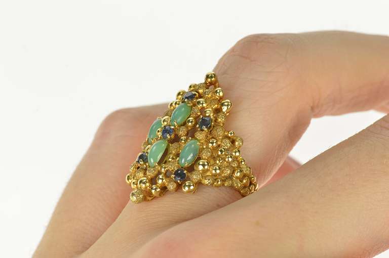 18K Yellow Gold Emerald Sapphire Retro Dot Statement Ring
