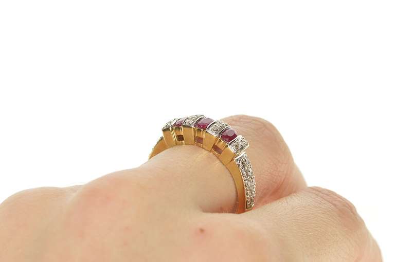 10K Yellow Gold Oval Ruby Diamond Encrusted Statement Band Ring