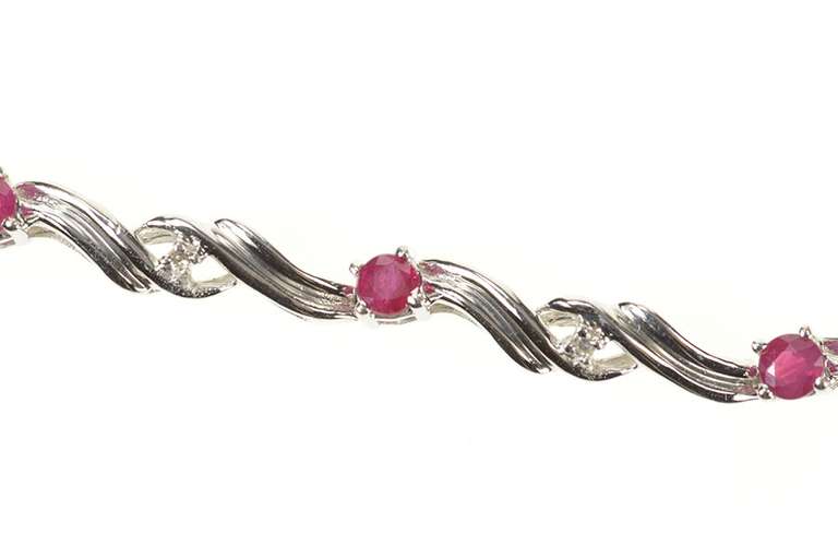 10K White Gold Natural Ruby Diamond Accent Wavy Link Tennis Bracelet