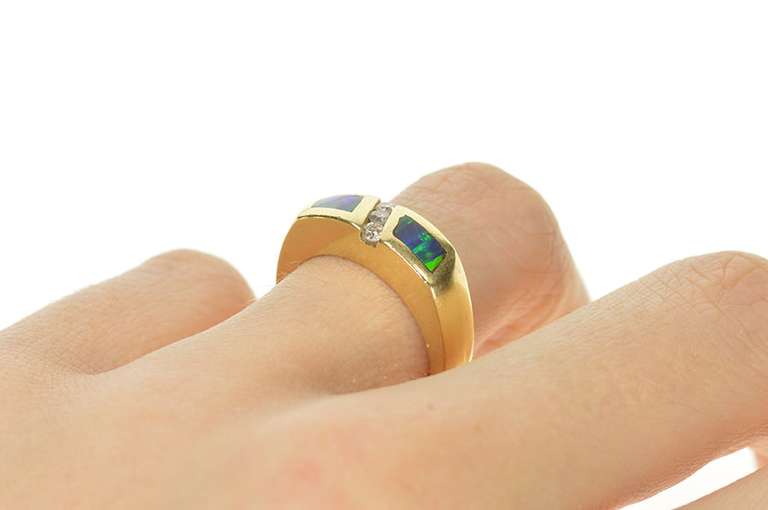 14K Yellow Gold Inlaid Black Opal Diamond Squared Band Ring