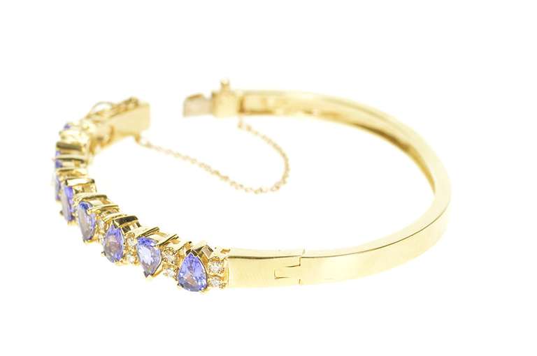 14K Yellow Gold Pear Tanzanite Diamond Statement Bangle Bracelet