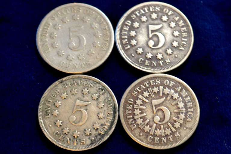 Lot of 4 Shield Nickels.1883,1867,1867,1866 All in Circulated Condition