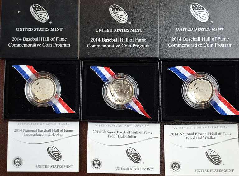 Lot of 3  2014 Baseball Half Dollar Commems  2 Proofs 1 UNC