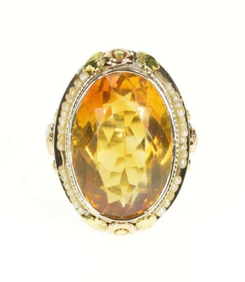 10K White Gold Art Deco Citrine Floral Rose Filigree Cocktail Ring