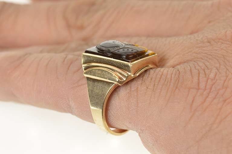 10K Yellow Gold Carved Tiger's Eye Soldier Cameo Men's Ring