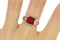 10K White Gold 1920's Art Deco Leaf Etched Syn. Ruby Ring