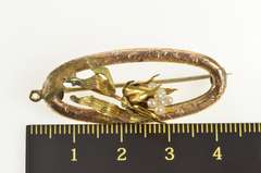 10K Yellow Gold Victorian 3D Pearl Flower Etched Oval Pin/Brooch
