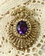 Stunning Antique Amethyst and Seedpearl 14K Brooch