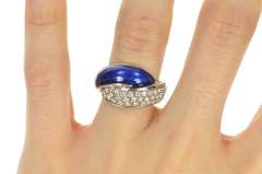 14K White Gold 0.85 Ctw Pave Diamond Blue Enamel Statement Ring