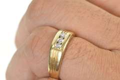 14K Yellow Gold Classic Men's Diamond Grooved Wedding Band Ring