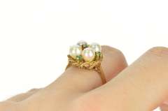 14K Yellow Gold Pearl Emerald 1960's Retro Basket Cocktail Ring