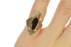 10K Yellow Gold Black Onyx Floral Filigree Art Deco Dinner Ring