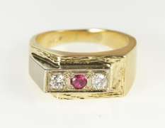 14K Yellow Gold Men's Retro Squared Diamond Syn. Ruby Ring