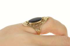 10K Yellow Gold Black Onyx Floral Filigree Art Deco Dinner Ring