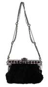 DOLCE & GABBANA Black Fur Silver Crystal Shoulder VANDA Purse