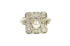 14K White Gold Art Deco Squared Pearl Diamond Engagement Ring
