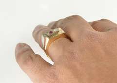 14K Yellow Gold Men's Retro Squared Diamond Syn. Ruby Ring