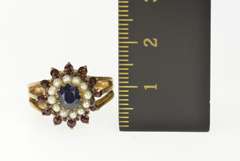 14K Yellow Gold Retro Sapphire Garnet Seed Pearl Halo Cocktail Ring