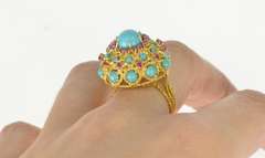 18K Yellow Gold Ornate Turquoise Ruby Statement Cocktail Ring