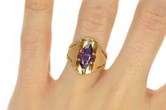 14K Yellow Gold Marquise Amethyst Solitaire Squared Statement Ring