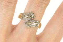 10K Yellow Gold Wavy Baguette Round Diamond Bypass Band Ring