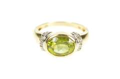 10K Yellow Gold Oval Peridot Diamond Statement Accent Ring