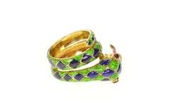 18K Yellow Gold Checkered Blue Green Enamel Snake Serpent Ring