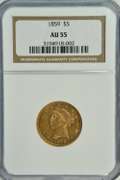 Ultra Rare Virtual Mint State 1859 US $5 Liberty Gold Piece. NGC AU55