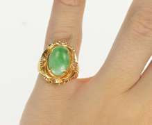 18K Yellow Gold Ornate Oval Jadeite Inset Retro Fashion Ring