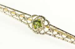14K White Gold Princess Peridot Art Deco Filigree Bar Pin/Brooch