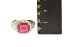 10K White Gold 1920's Art Deco Leaf Etched Syn. Ruby Ring